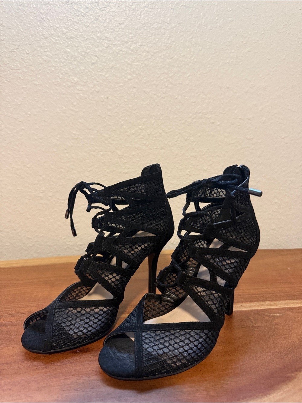 Nine West Black Lace-Up Mesh Stiletto Sandals